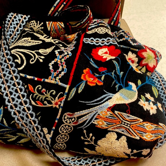 Johnny Was Handbags - Johnny Was Arvis Embroidered floral hobo bag black linen lining
